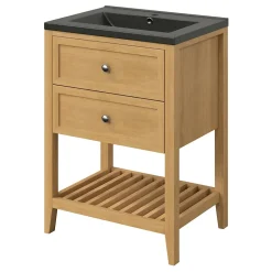 GoodHome Meuble sous vasque à poser placage chêne l.60 x H.80,6 x P.45 cm, Perma