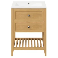 GoodHome Meuble sous vasque à poser placage chêne l.60 x H.80,6 x P.45 cm, Perma