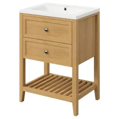 GoodHome Meuble sous vasque à poser placage chêne l.60 x H.80,6 x P.45 cm, Perma