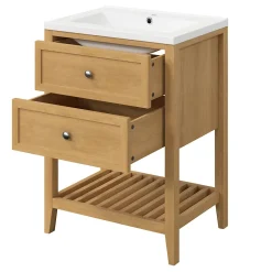 GoodHome Meuble sous vasque à poser placage chêne l.60 x H.80,6 x P.45 cm, Perma