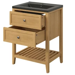 GoodHome Meuble sous vasque à poser placage chêne l.60 x H.80,6 x P.45 cm, Perma