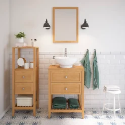 GoodHome Meuble sous vasque à poser placage chêne l.60 x H.80,6 x P.45 cm, Perma