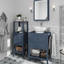 GoodHome Meuble sous vasque à poser 2 tiroirs 1 niche bleu mat l.60 cm + plan de toilette, Perma* Meuble Buanderie