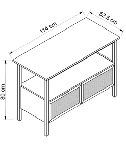 Meuble sous vasque à poser 2 tiroirs avec plan de toilette l.114 x H.80 x P.52,5 cm, placage chêne et cannage, Thiam* Meuble Buanderie