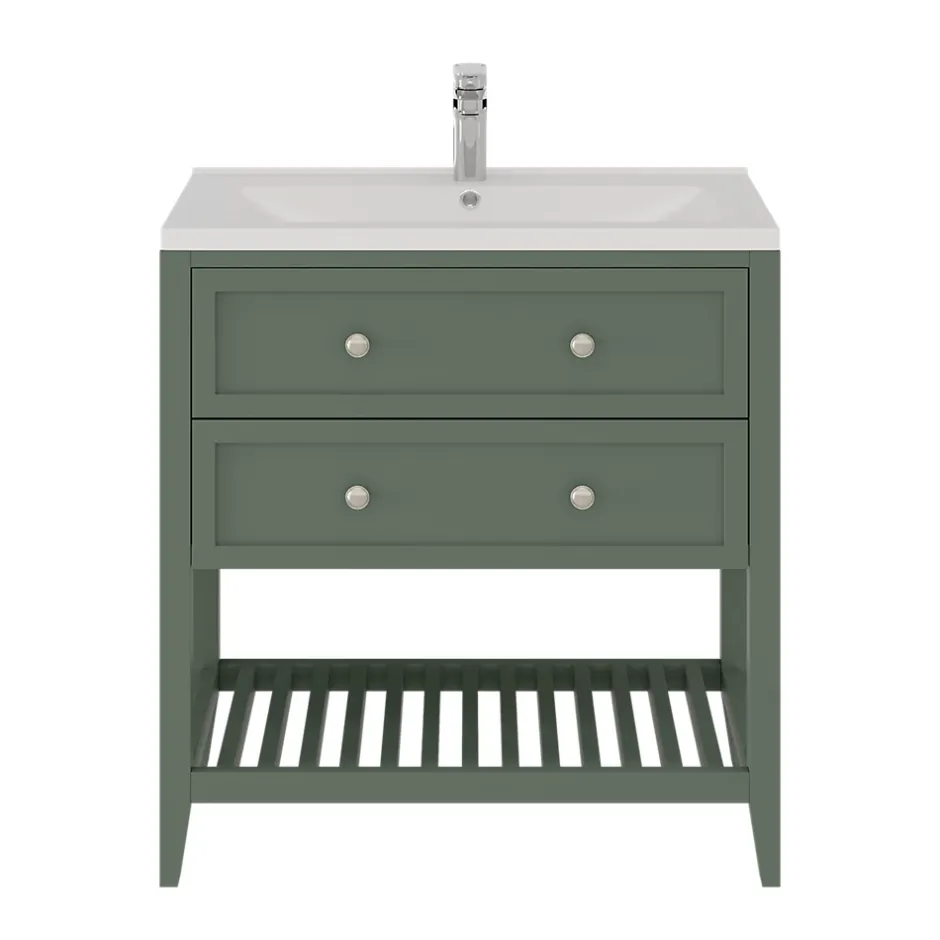 GoodHome Meuble sous vasque à poser 2 tiroirs 1 niche vert mat l.80 x H.80,6 x P.45 cm, Perma* Meuble Buanderie|Meuble Sous-Vasque
