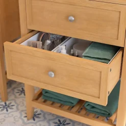 GoodHome Meuble sous vasque à poser 2 tiroirs 1 niche placage chêne l.60 cm Perma + plan vasque blanc Lana,