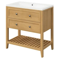 GoodHome Meuble sous vasque à poser 2 tiroirs placage chêne l.80 x H.80,6 x P.45 cm, Perma