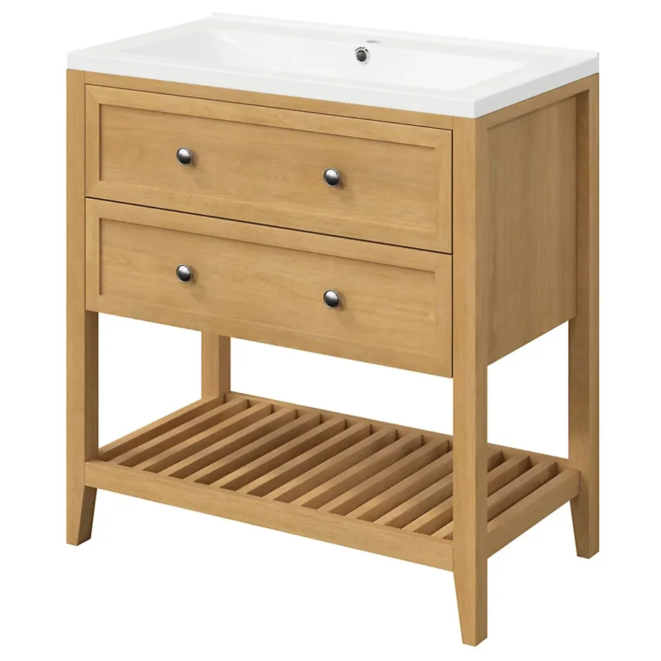 GoodHome Meuble sous vasque à poser 2 tiroirs placage chêne l.80 x H.80,6 x P.45 cm, Perma