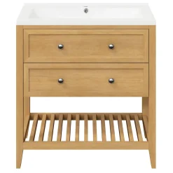 GoodHome Meuble sous vasque à poser 2 tiroirs placage chêne l.80 x H.80,6 x P.45 cm, Perma