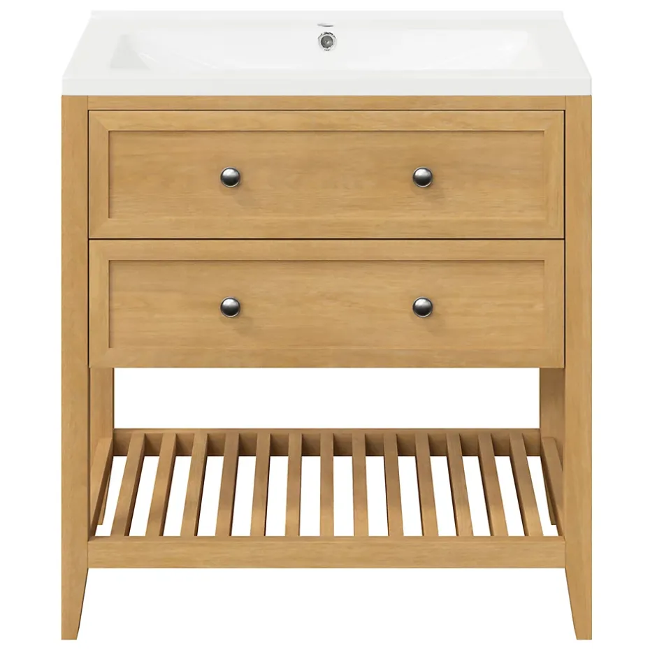GoodHome Meuble sous vasque à poser 2 tiroirs placage chêne l.80 x H.80,6 x P.45 cm, Perma