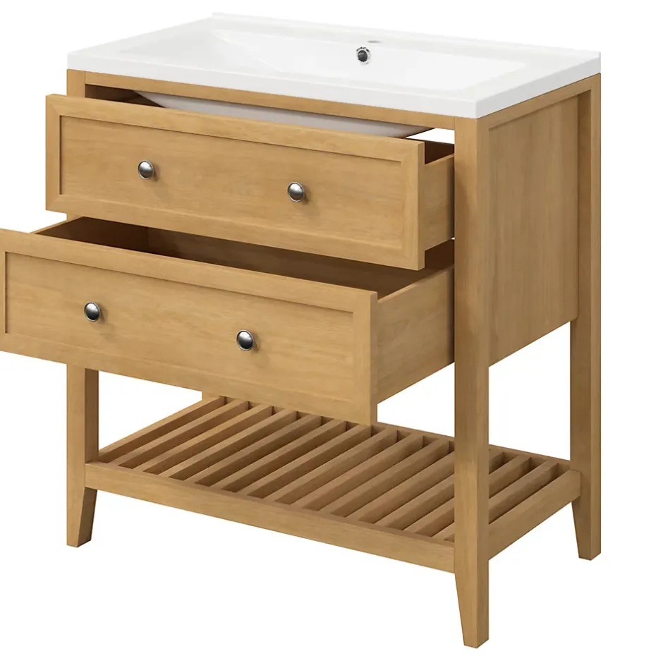 GoodHome Meuble sous vasque à poser 2 tiroirs placage chêne l.80 x H.80,6 x P.45 cm, Perma