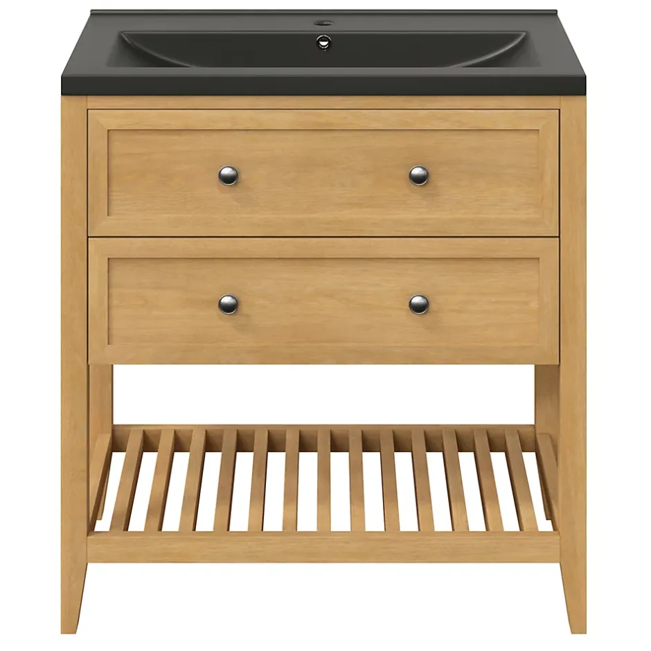 GoodHome Meuble sous vasque à poser 2 tiroirs placage chêne l.80 x H.80,6 x P.45 cm, Perma