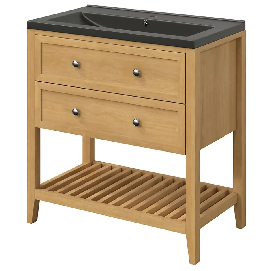 GoodHome Meuble sous vasque à poser 2 tiroirs placage chêne l.80 x H.80,6 x P.45 cm, Perma