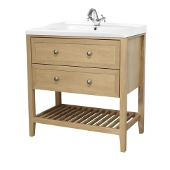 GoodHome Meuble sous vasque à poser 2 tiroirs placage chêne l.80 x H.80,6 x P.45 cm, Perma