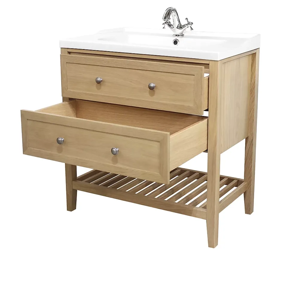 GoodHome Meuble sous vasque à poser 2 tiroirs placage chêne l.80 x H.80,6 x P.45 cm, Perma