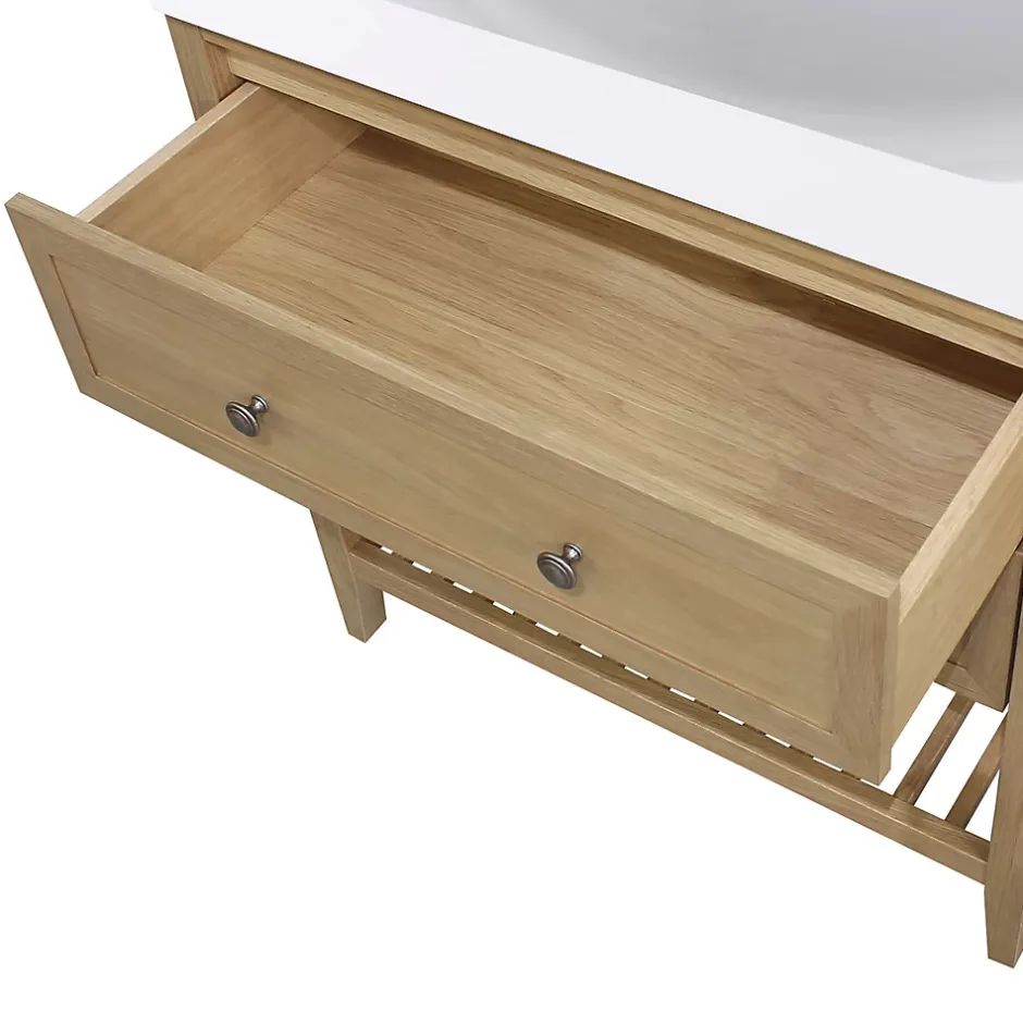 GoodHome Meuble sous vasque à poser 2 tiroirs placage chêne l.80 x H.80,6 x P.45 cm, Perma