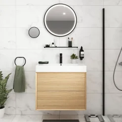 GoodHome Meuble sous vasque à suspendre Avela placage chêne 80 cm