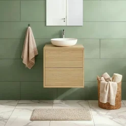 GoodHome Meuble sous vasque à suspendre Avela placage chêne 60 cm + plan de toilette Avela* Meuble Buanderie