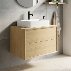 GoodHome Meuble sous vasque à suspendre Avela placage chêne 80 cm + plan de toilette Avela* Meuble Buanderie