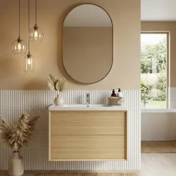 GoodHome Meuble sous vasque à suspendre Avela placage chêne 80 cm + plan vasque Nira