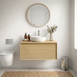GoodHome Meuble sous vasque 1 tiroir à suspendre Avela placage chêne 60 cm + plan de toilette Avela* Meuble Buanderie
