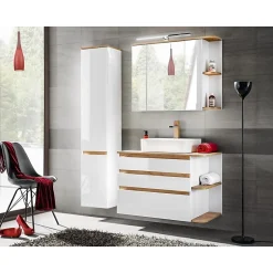 Meublorama Meuble sous vasque ASKA 94 cm blanc brillant Modèle suspendu avec tiroirs* Meuble Sous-Vasque