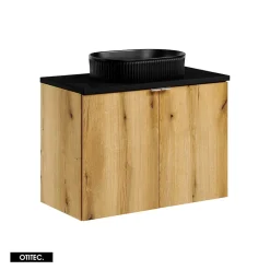 Otitec Meuble sous vasque de 80 cm - avec vasque à poser - avec plan - Noir/Oak - 2 portes - VOLTA OAK