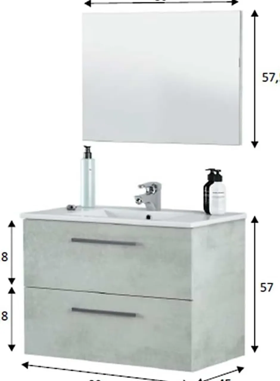 Pegane Meuble sous vasque de salle de bain Suspendu 80 cm + miroir coloris béton - Hauteur 57 x Longueur 80 x Profondeur 45 cm
