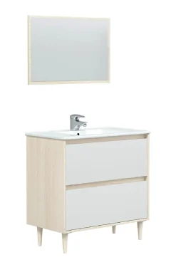 Pegane Meuble sous vasque en panneaux de particules mélaminés coloris chêne avec miroir - Longueur 80 x Profondeur 45 x Hauteur 80 cm
