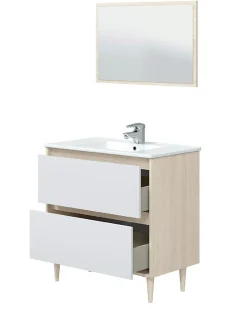 Pegane Meuble sous vasque en panneaux de particules mélaminés coloris chêne avec miroir - Longueur 80 x Profondeur 45 x Hauteur 80 cm
