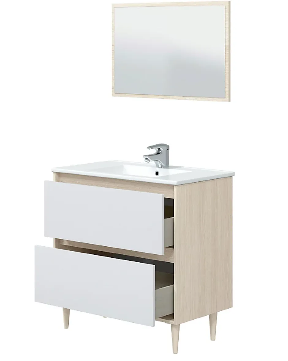 Pegane Meuble sous vasque en panneaux de particules mélaminés coloris chêne avec miroir - Longueur 80 x Profondeur 45 x Hauteur 80 cm