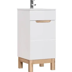 Meublorama Meuble sous vasque ERMANO Chene clair et blanc brillant 40x84 cm 1 porte À poser* Meuble Sous-Vasque
