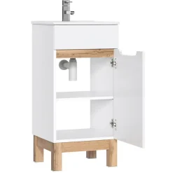 Meublorama Meuble sous vasque ERMANO Chene clair et blanc brillant 40x84 cm 1 porte À poser* Meuble Sous-Vasque