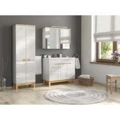 Meublorama Meuble sous vasque ERMANO Chene clair et blanc brillant 100x84 cm 3 portes À poser