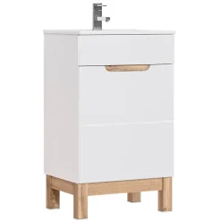 Meublorama Meuble sous vasque ERMANO Chene clair et blanc brillant 50x84 cm 1 porte À poser* Meuble Sous-Vasque