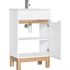 Meublorama Meuble sous vasque ERMANO Chene clair et blanc brillant 50x84 cm 1 porte À poser* Meuble Sous-Vasque