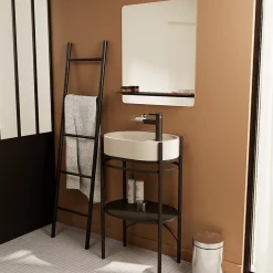 Homesight Meuble sous vasque et vasque l.55 cm métal et béton beige effet moucheté Pao* Meuble De Salle De Bains Faible Profondeur|Meuble Vasque