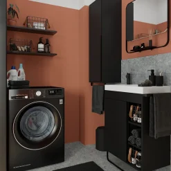 GoodHome Meuble sous vasque faible profondeur à poser avec porte-serviettes noir l.65 x H.82 x P.36 cm, Maza* Meuble Buanderie|Meuble De Salle De Bains Faible Profondeur
