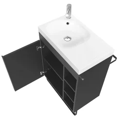 GoodHome Meuble sous vasque faible profondeur à poser avec porte-serviettes noir l.65 x H.82 x P.36 cm, Maza* Meuble Buanderie|Meuble De Salle De Bains Faible Profondeur