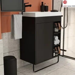 GoodHome Meuble sous vasque faible profondeur à poser avec porte-serviettes noir l.65 x H.82 x P.36 cm, Maza* Meuble Buanderie|Meuble De Salle De Bains Faible Profondeur