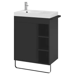 GoodHome Meuble sous vasque faible profondeur à poser avec porte-serviettes noir l.65 x H.82 x P.36 cm, Maza* Meuble Buanderie|Meuble De Salle De Bains Faible Profondeur