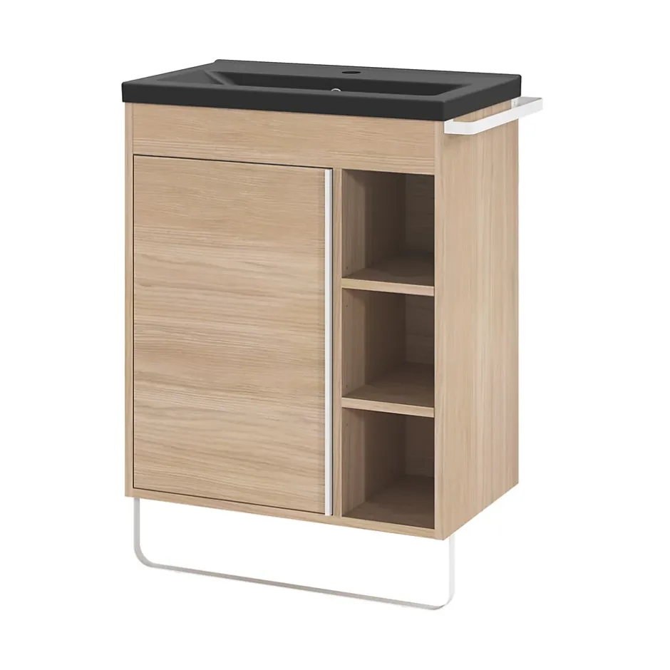 GoodHome Meuble sous vasque faible profondeur à poser avec porte-serviettes effet bois l.65 x H.82 x P.36 cm, Maza