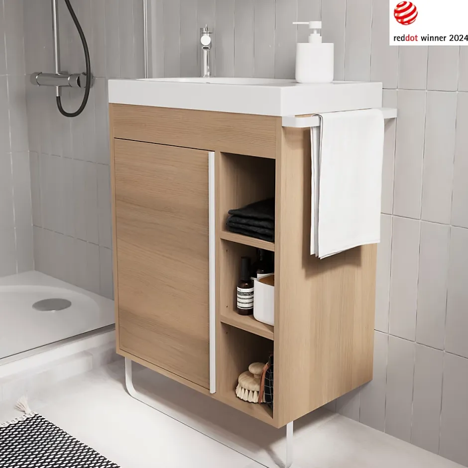 GoodHome Meuble sous vasque faible profondeur à poser avec porte-serviettes effet bois l.65 x H.82 x P.36 cm, Maza