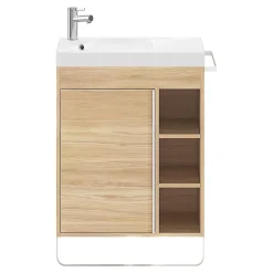 GoodHome Meuble sous vasque faible profondeur à poser avec porte-serviettes effet bois l.65 x H.82 x P.36 cm, Maza