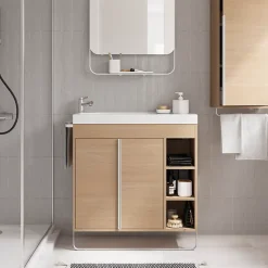 GoodHome Meuble sous vasque faible profondeur à poser avec porte-serviettes effet bois l.85 x H.82 x P.36 cm, Maza* Meuble Buanderie|Meuble De Salle De Bains Faible Profondeur