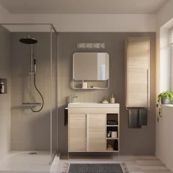 GoodHome Meuble sous vasque faible profondeur à poser avec porte-serviettes effet bois l.85 x H.82 x P.36 cm, Maza* Meuble Buanderie|Meuble De Salle De Bains Faible Profondeur