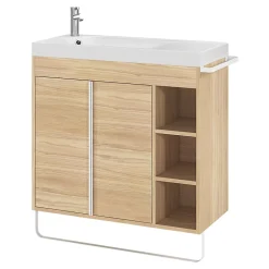 GoodHome Meuble sous vasque faible profondeur à poser avec porte-serviettes effet bois l.85 x H.82 x P.36 cm, Maza* Meuble Buanderie|Meuble De Salle De Bains Faible Profondeur