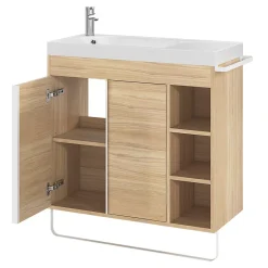 GoodHome Meuble sous vasque faible profondeur à poser avec porte-serviettes effet bois l.85 x H.82 x P.36 cm, Maza* Meuble Buanderie|Meuble De Salle De Bains Faible Profondeur