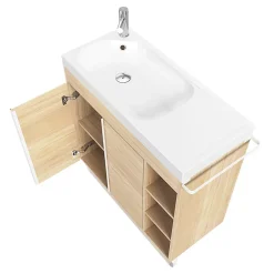 GoodHome Meuble sous vasque faible profondeur à poser avec porte-serviettes effet bois l.85 x H.82 x P.36 cm, Maza* Meuble Buanderie|Meuble De Salle De Bains Faible Profondeur