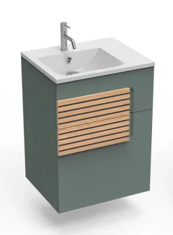 Decotec Meuble sous vasque faible largeur l.55 cm 1 tiroir vert toundra + plan vasque en Céramyl®, Archi* Lave-Mains|Meuble Vasque